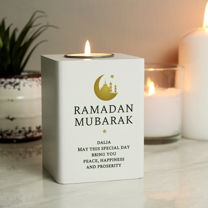 Buy Personalised Eid White Wooden Tea light Holder available now at www.giftsfinder.co.uk