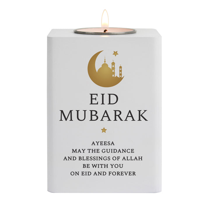 Buy Personalised Eid White Wooden Tea light Holder available now at www.giftsfinder.co.uk