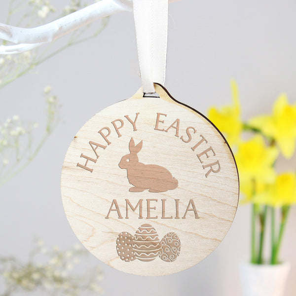 Buy Personalised Easter Bunny Round Wooden Decoration available now at www.giftsfinder.co.uk