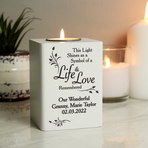 Buy Personalised Life & Love White Wooden Tea Light Holder available now at www.giftsfinder.co.uk