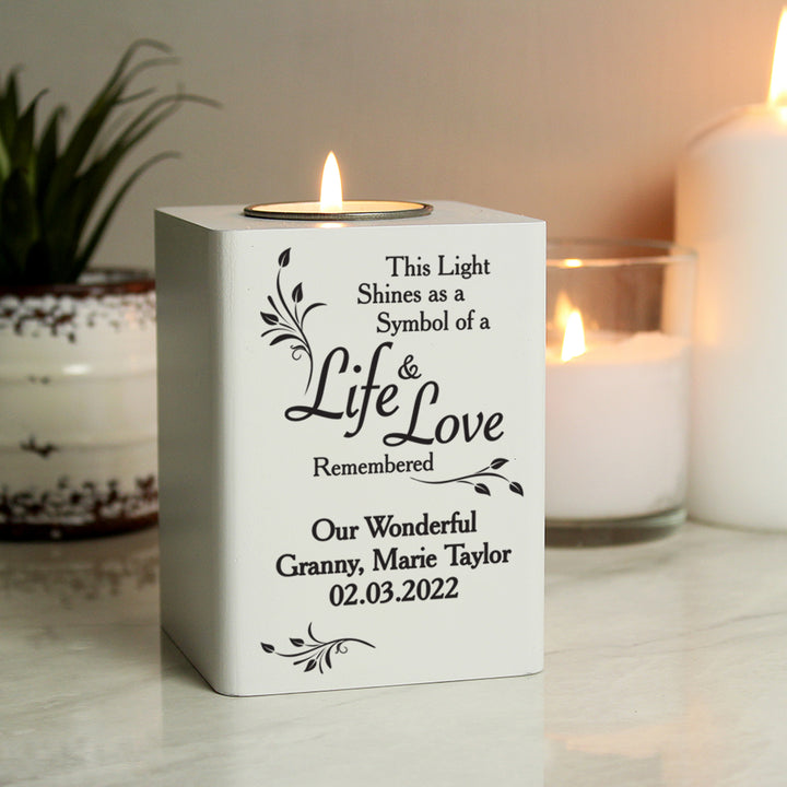 Personalised Life & Love White Wooden Tea Light Holder - part of the Gifts Finder Personalised Memorials collection