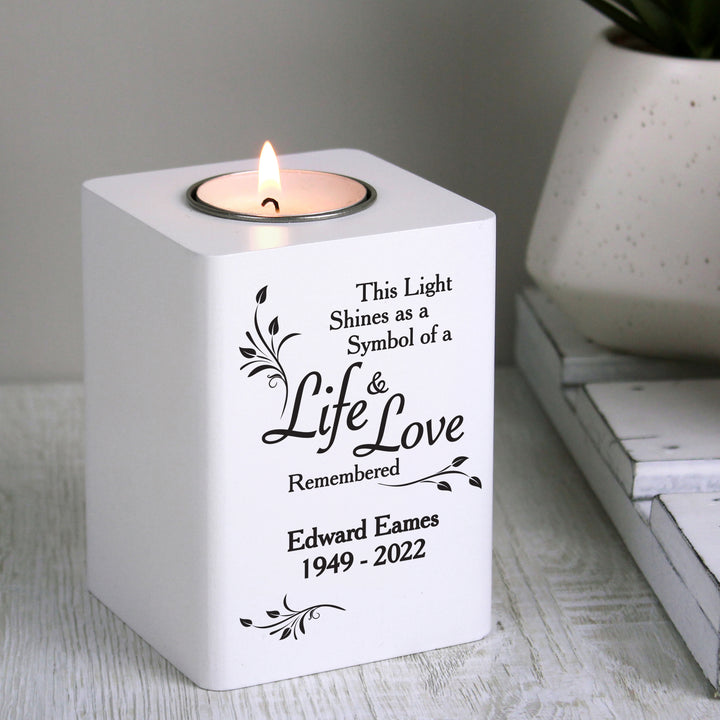 Personalised Life & Love White Wooden Tea Light Holder - part of the Gifts Finder Personalised Memorials collection