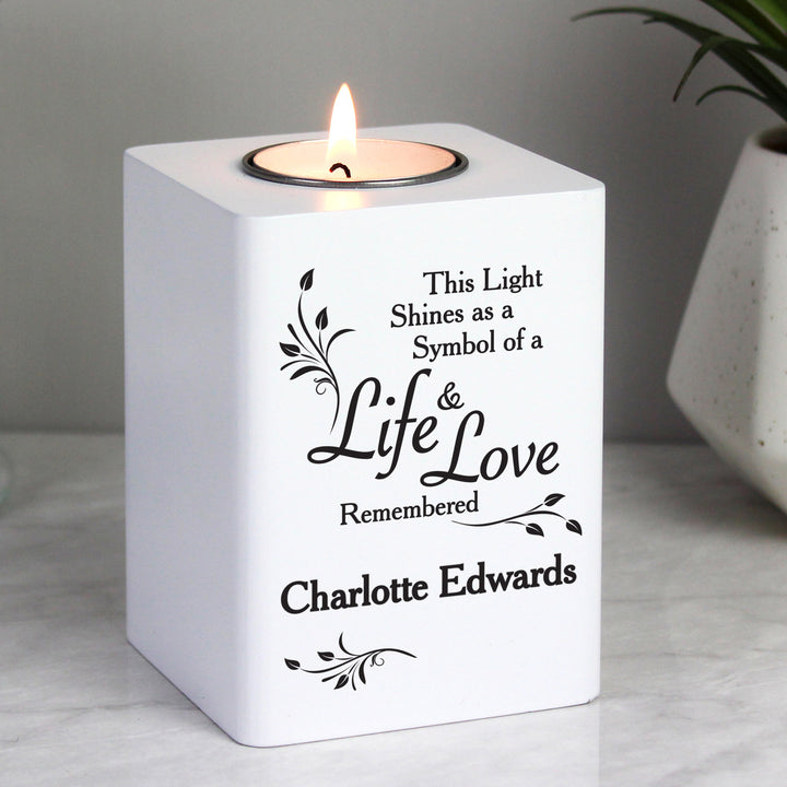 Personalised Life & Love White Wooden Tea Light Holder - part of the Gifts Finder Personalised Memorials collection