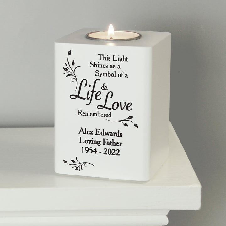 Personalised Life & Love White Wooden Tea Light Holder - part of the Gifts Finder Personalised Memorials collection