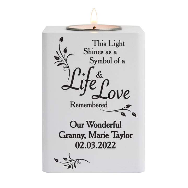 Personalised Life & Love White Wooden Tea Light Holder - part of the Gifts Finder Personalised Memorials collection