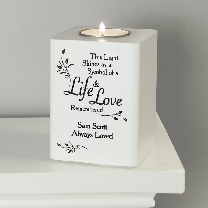 Personalised Life & Love White Wooden Tea Light Holder - part of the Gifts Finder Personalised Memorials collection