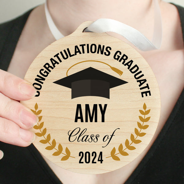 Buy Personalised Graduation Round Wooden Decoration available now at www.giftsfinder.co.uk