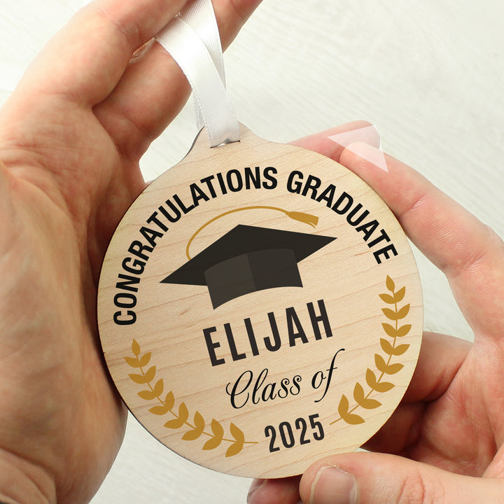 Buy Personalised Graduation Round Wooden Decoration available now at www.giftsfinder.co.uk