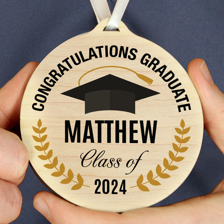 Buy Personalised Graduation Round Wooden Decoration available now at www.giftsfinder.co.uk