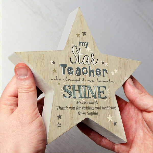 Buy Personalised My Star Teacher Rustic Wooden Star Decoration at www.giftsfinder.co.uk