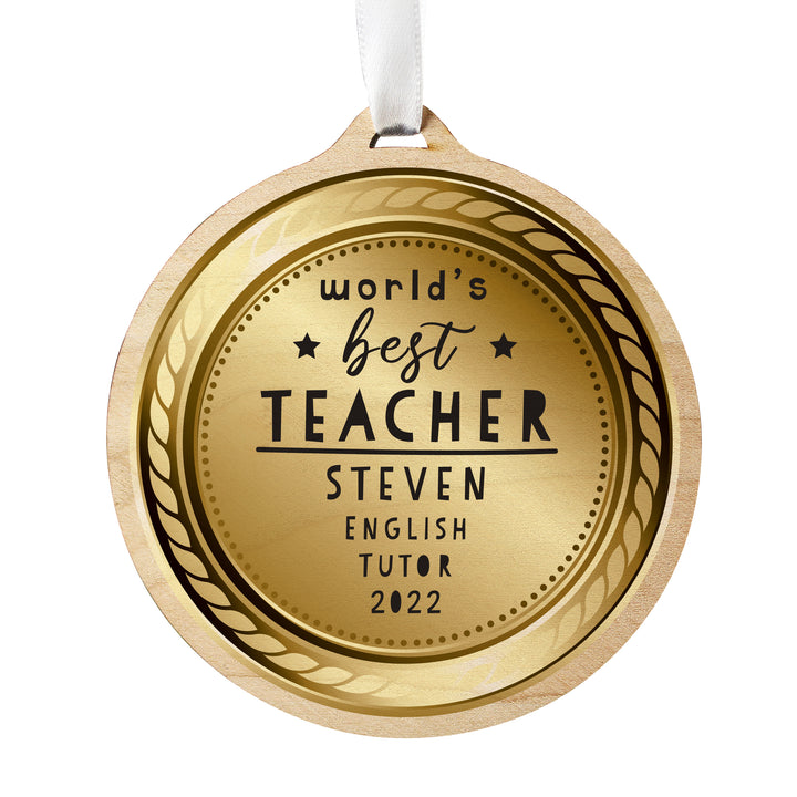 Personalised World’s Best Teacher Round Wooden Medal in gift category Personalised Teacher Gifts