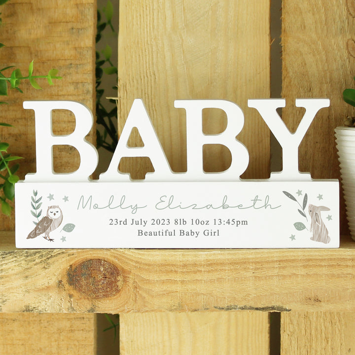 Personalised Woodland Wooden Baby Ornament in gift category Personalised Ornaments & Keepsakes