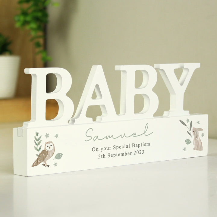 Personalised Woodland Wooden Baby Ornament in gift category Personalised Ornaments & Keepsakes