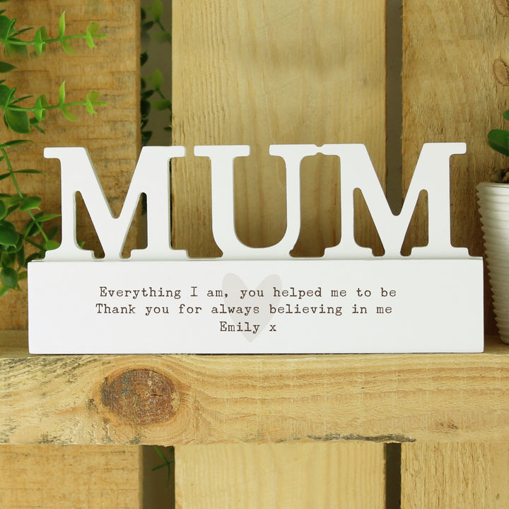 Buy Personalised Free Text Heart Wooden Mum Ornament available now at www.giftsfinder.co.uk