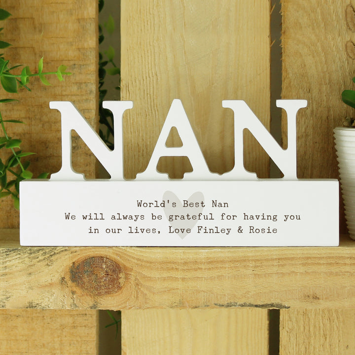 Buy Personalised Free Text Heart Wooden Nan Ornament available now at www.giftsfinder.co.uk