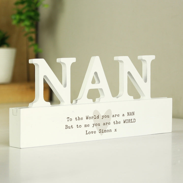 Buy Personalised Free Text Heart Wooden Nan Ornament available now at www.giftsfinder.co.uk