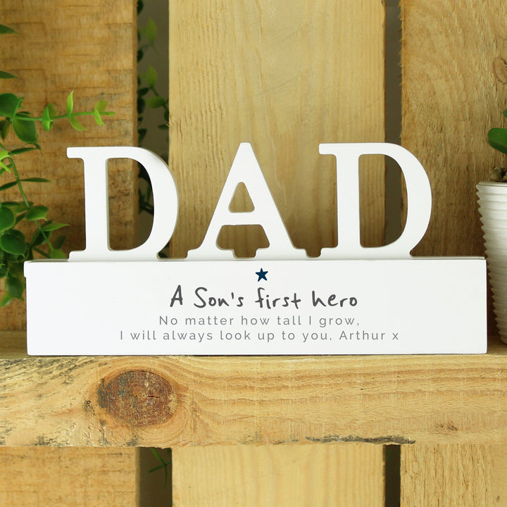 Buy Personalised A Sons First Hero Wooden Dad Ornament available now at www.giftsfinder.co.uk