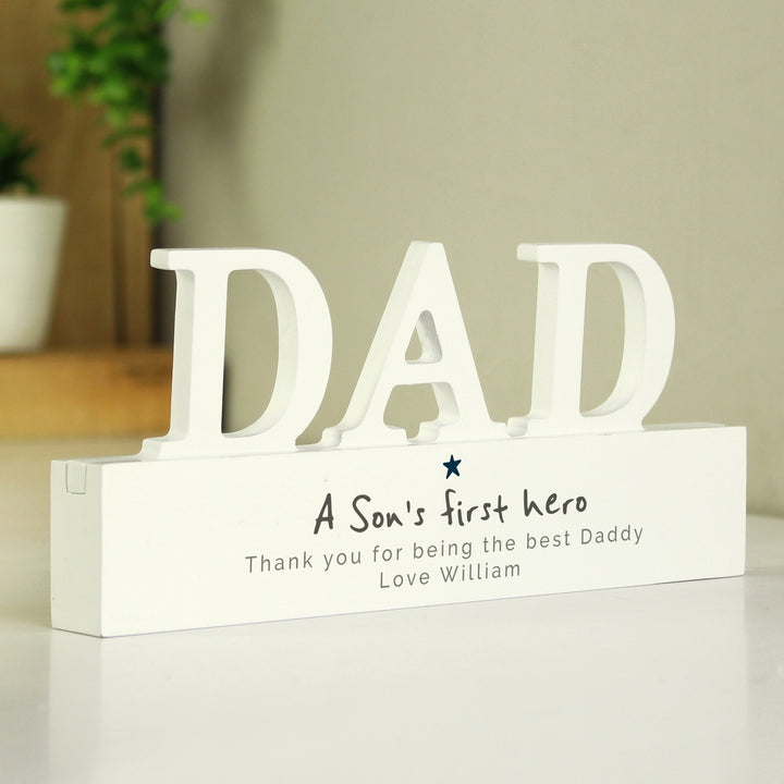 Buy Personalised A Sons First Hero Wooden Dad Ornament available now at www.giftsfinder.co.uk