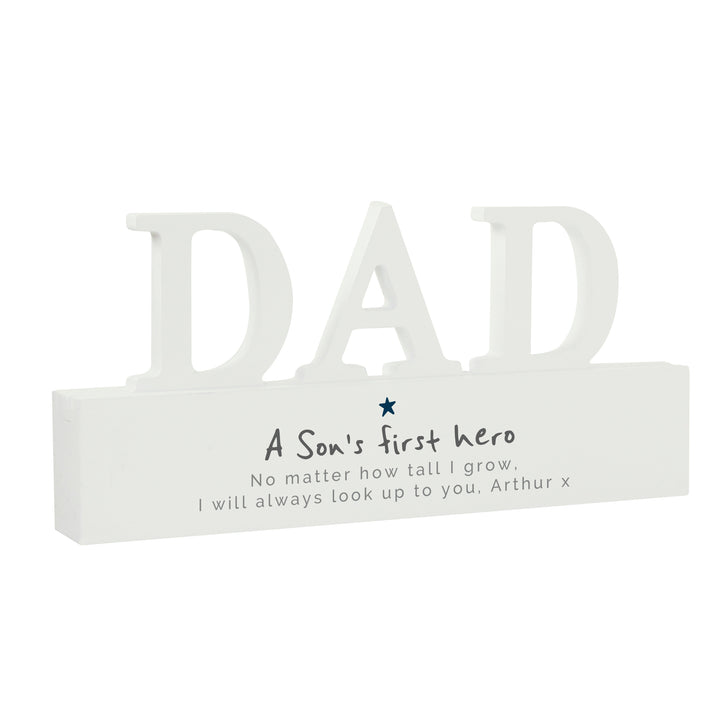 Buy Personalised A Sons First Hero Wooden Dad Ornament available now at www.giftsfinder.co.uk