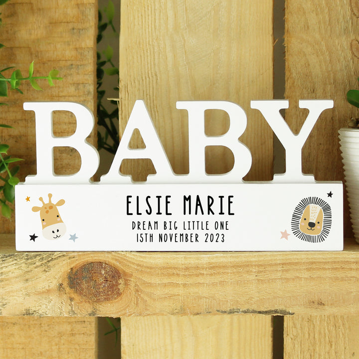 Personalised Safari Animals Wooden Baby Ornament in gift category Personalised Ornaments & Keepsakes