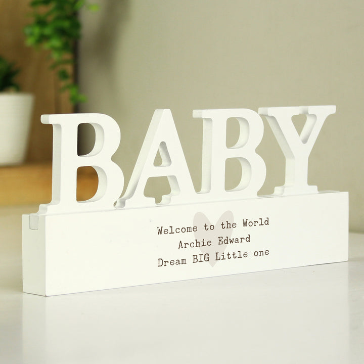 Buy Personalised Free Text Heart Wooden Baby Ornament available now at www.giftsfinder.co.uk