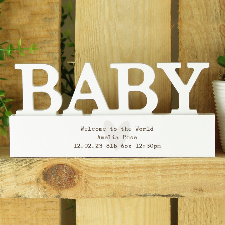 Buy Personalised Free Text Heart Wooden Baby Ornament available now at www.giftsfinder.co.uk