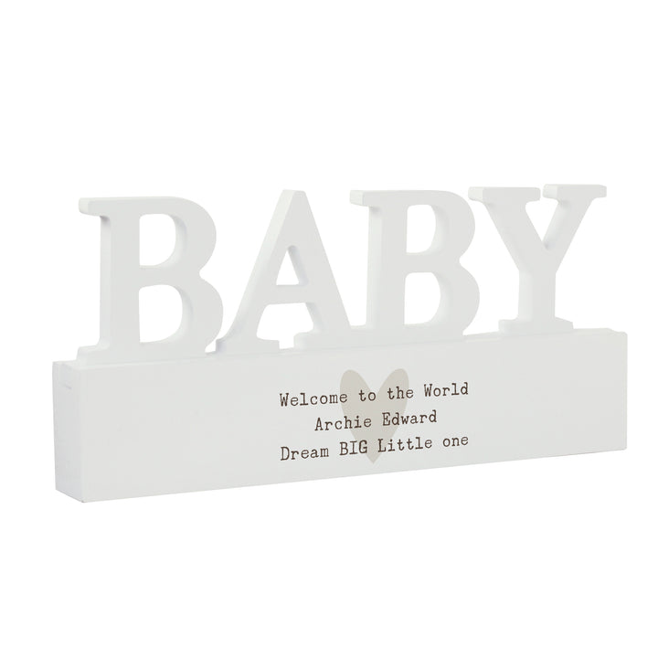 Buy Personalised Free Text Heart Wooden Baby Ornament available now at www.giftsfinder.co.uk