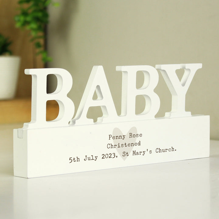 Buy Personalised Free Text Heart Wooden Baby Ornament available now at www.giftsfinder.co.uk