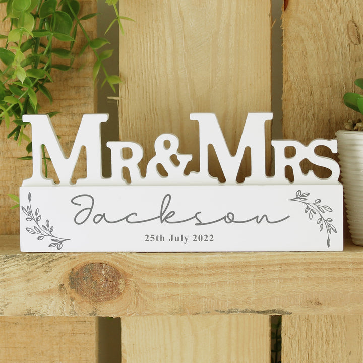 Buy Personalised Leaf Wooden Mr & Mrs Ornament available now at www.giftsfinder.co.uk