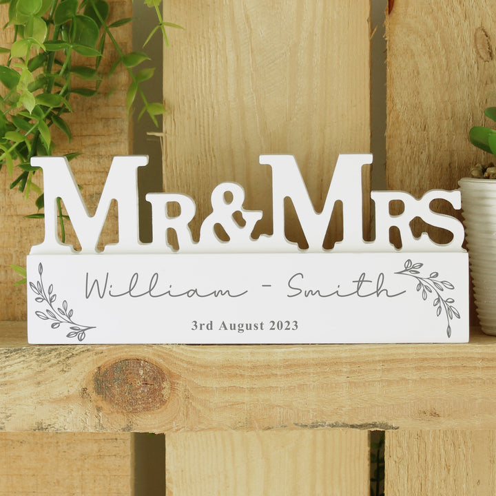 Buy Personalised Leaf Wooden Mr & Mrs Ornament available now at www.giftsfinder.co.uk