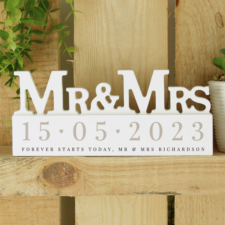 Buy Personalised Big Date Wooden Mr & Mrs Ornament available now at www.giftsfinder.co.uk