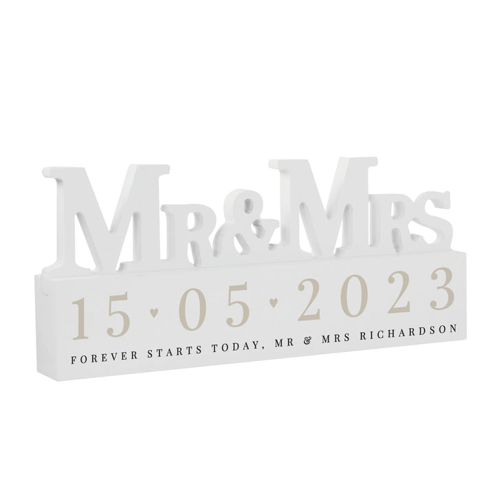 Buy Personalised Big Date Wooden Mr & Mrs Ornament available now at www.giftsfinder.co.uk