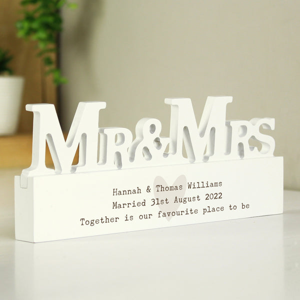 Buy Personalised Free Text Heart Wooden Mr & Mrs Ornament available now at www.giftsfinder.co.uk