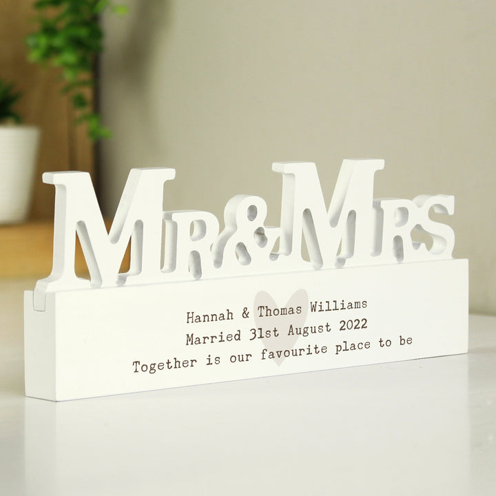 Buy Personalised Free Text Heart Wooden Mr & Mrs Ornament available now at www.giftsfinder.co.uk