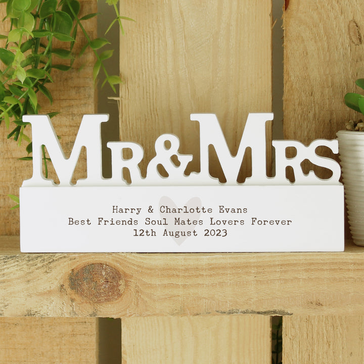 Buy Personalised Free Text Heart Wooden Mr & Mrs Ornament available now at www.giftsfinder.co.uk