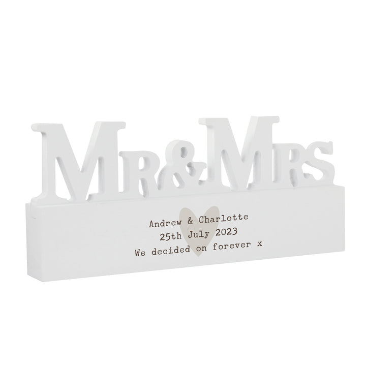 Buy Personalised Free Text Heart Wooden Mr & Mrs Ornament available now at www.giftsfinder.co.uk