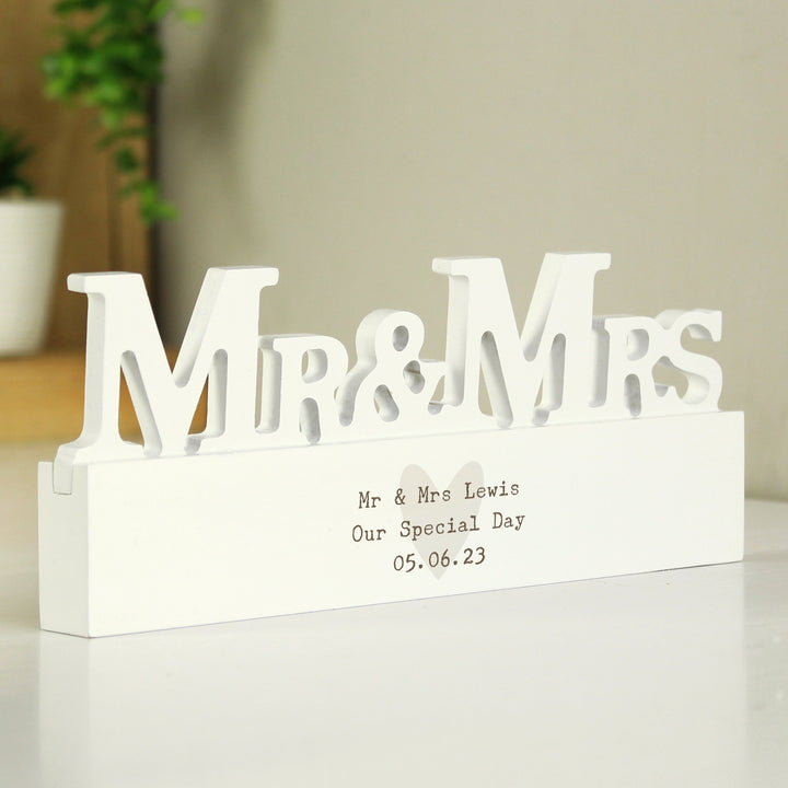 Buy Personalised Free Text Heart Wooden Mr & Mrs Ornament available now at www.giftsfinder.co.uk