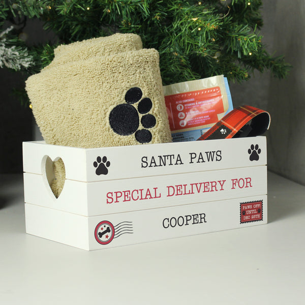 Personalised Santa Paws White Wooden Crate in gift category Personalised Wooden Storage Boxes