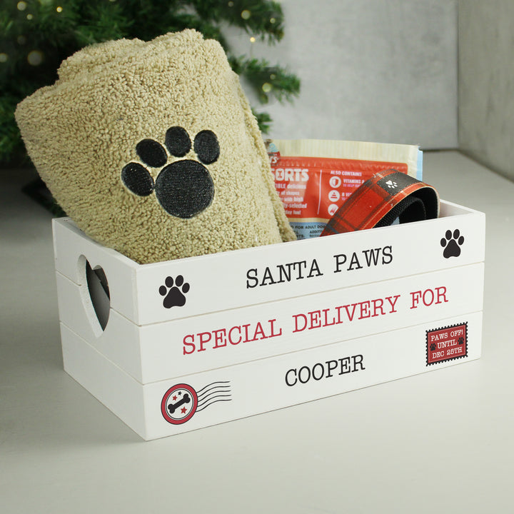 Personalised Santa Paws White Wooden Crate in gift category Personalised Wooden Storage Boxes