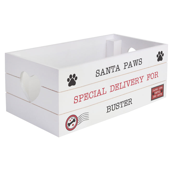 Personalised Santa Paws White Wooden Crate in gift category Personalised Wooden Storage Boxes