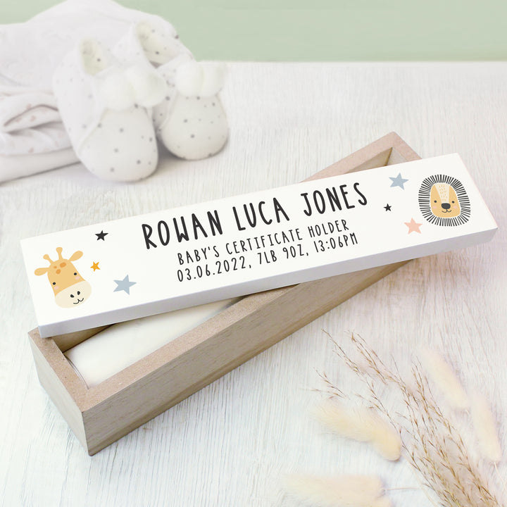 Personalised Scandi Safari Animals Wooden Certificate Holder - part of the Gifts Finder Personalised Certificate Holders collection