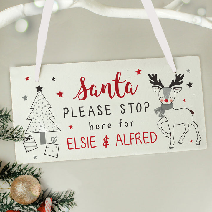 Personalised Rudolph Santa Please Stop Here Sign in gift category Personalised Christmas Decorations