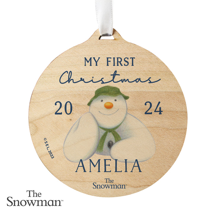 Personalised The Snowman My First Christmas Round Wooden Decoration in gift category Personalised Ornaments & Keepsakes