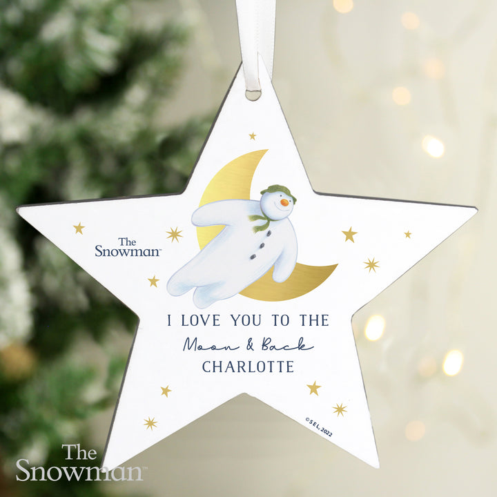 Personalised The Snowman Gold Moon Wooden Star Decoration in gift category Personalised Ornaments & Keepsakes