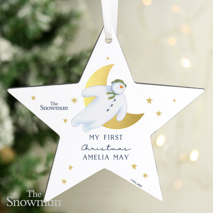 Personalised The Snowman Gold Moon Wooden Star Decoration in gift category Personalised Ornaments & Keepsakes