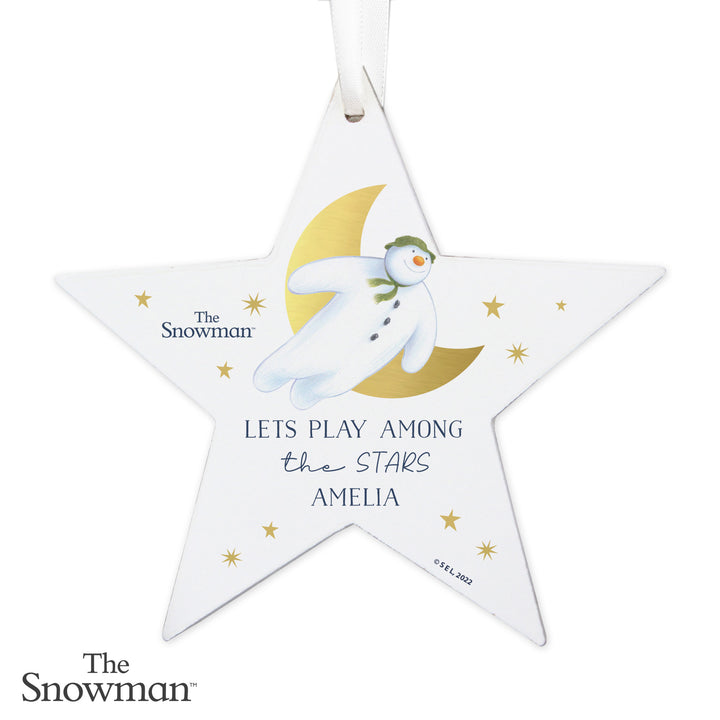 Personalised The Snowman Gold Moon Wooden Star Decoration in gift category Personalised Ornaments & Keepsakes