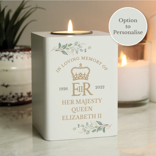 Buy Personalised Queens Commemorative Wooden Tea Light Holder at www.giftsfinder.co.uk