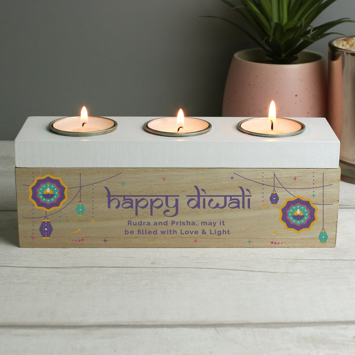 Buy Personalised Diwali Triple Tealight Box available now at www.giftsfinder.co.uk