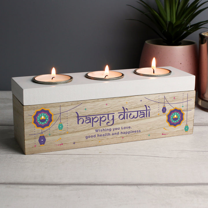 Buy Personalised Diwali Triple Tealight Box available now at www.giftsfinder.co.uk