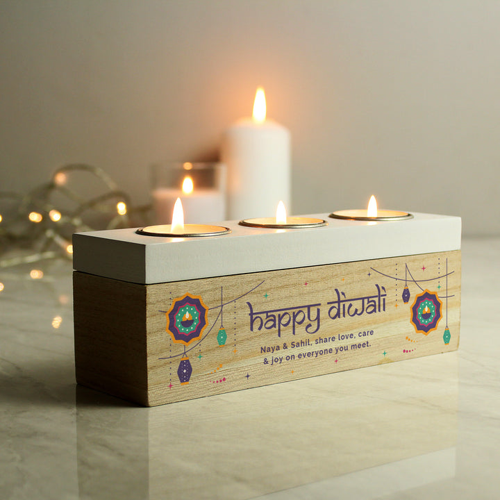 Buy Personalised Diwali Triple Tealight Box available now at www.giftsfinder.co.uk